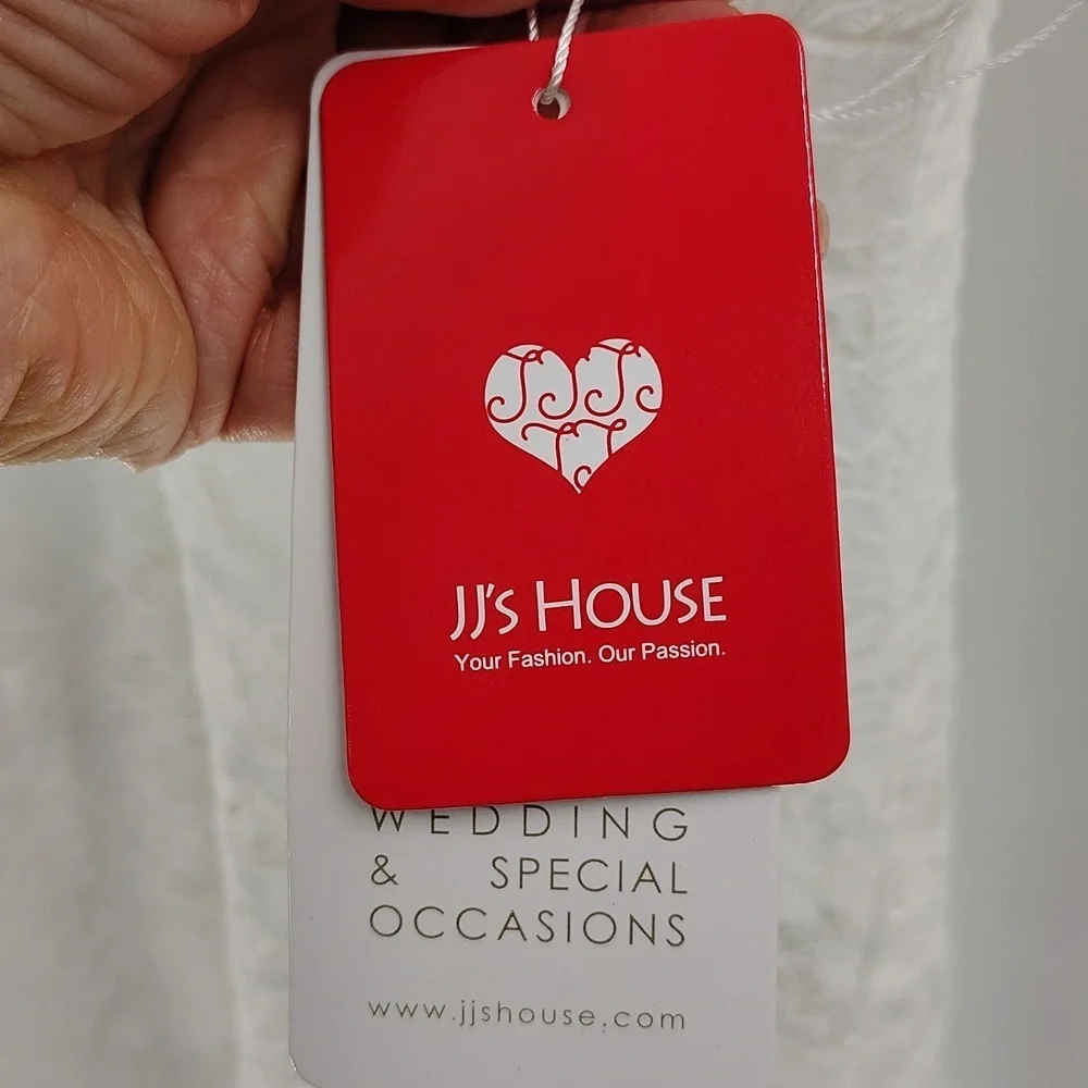 JJs House White V-neck Lace Midi Length Lace Overlay Sleeveless Wedding Dress - Picture 5 of 9